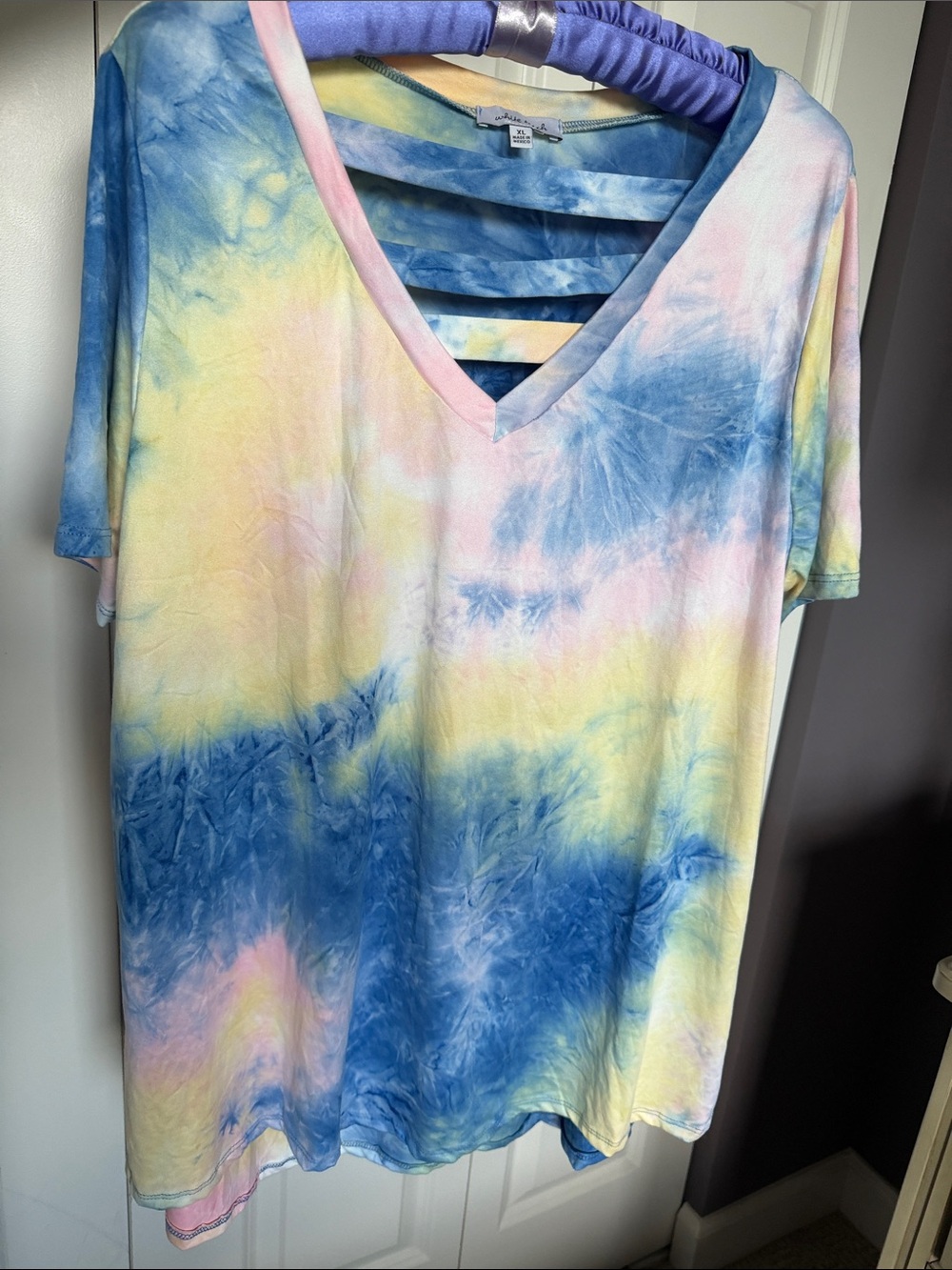 NWOT Cotton Candy Tie-Dye V-Neck Women's Top with Back Strap Detail